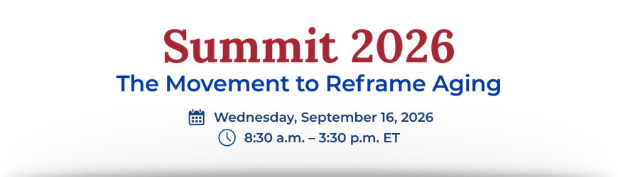 2024 The Movement to Reframe Aging Logo - Blue and red type with aqua accents
